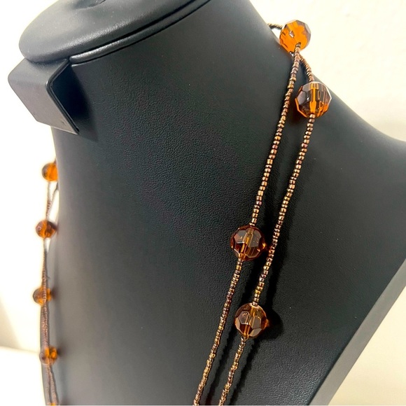 Amber Brown Glass Faceted Bead Long Necklace Bronze Seed Beaded Boho Layered - Picture 2 of 8